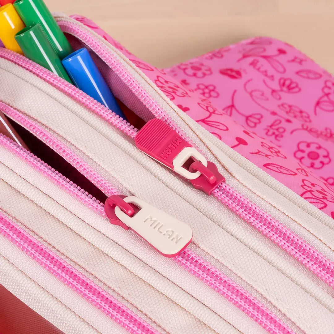 Milan Flowicorn - Estuche Portatodo Triple con Cuatro Cremalleras para Material Escolar