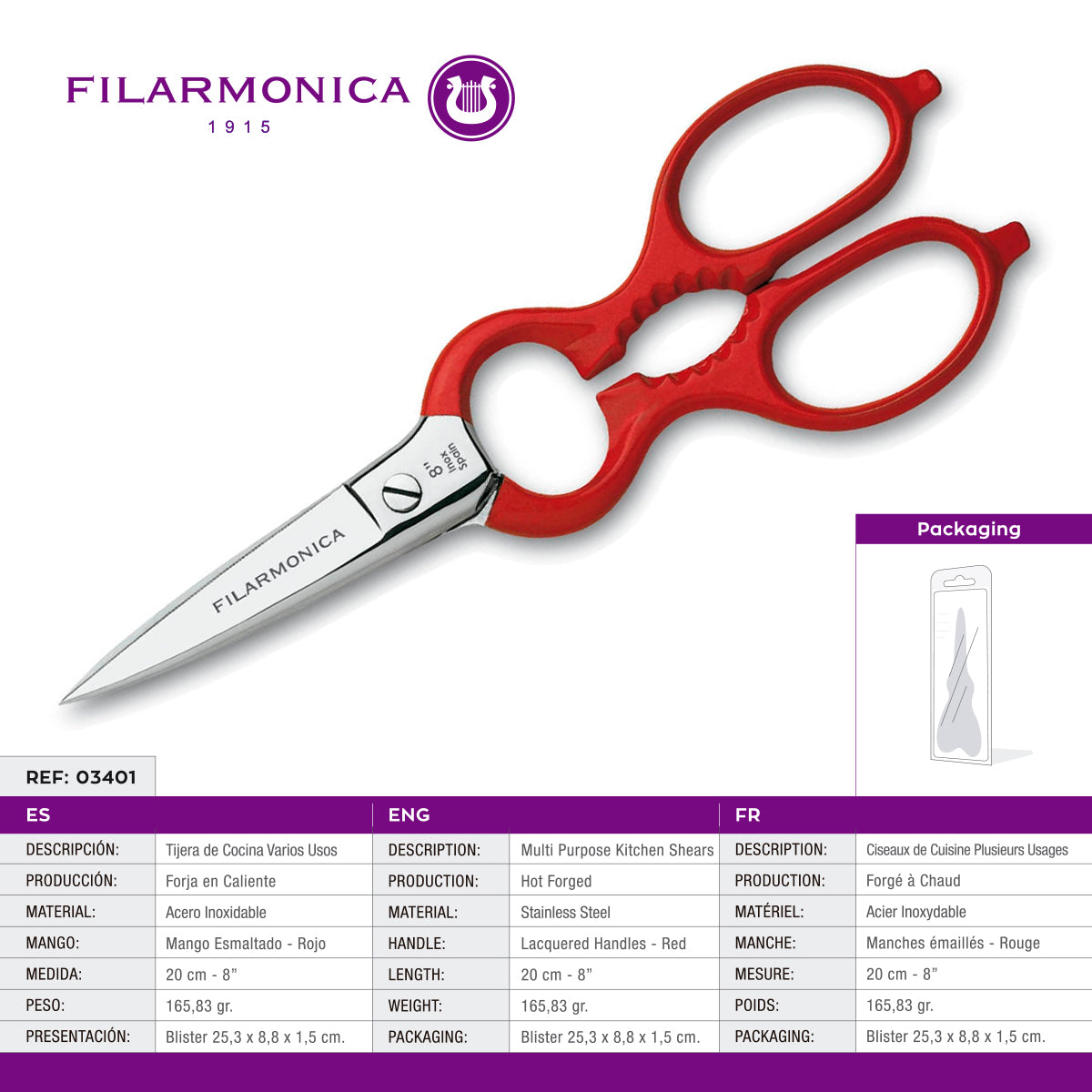 Filarmonica - Tijeras de Cocina Profesional Multiuso de 8" 20 cm. Acero Forjado en Caliente