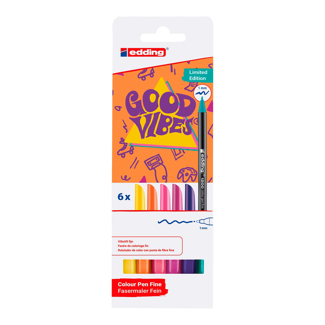 Edding 1200 - Pack de 6 Rotuladores de Fibra GOOD VIBES con Punta Redonda de 0.5 mm. Multicolor