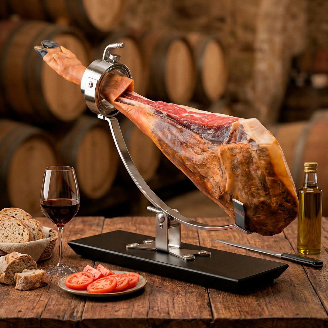BELLO Gala - Soporte Jamonero Basculante Fibra y Acero Inoxidable Cabezal Giratorio. Negro