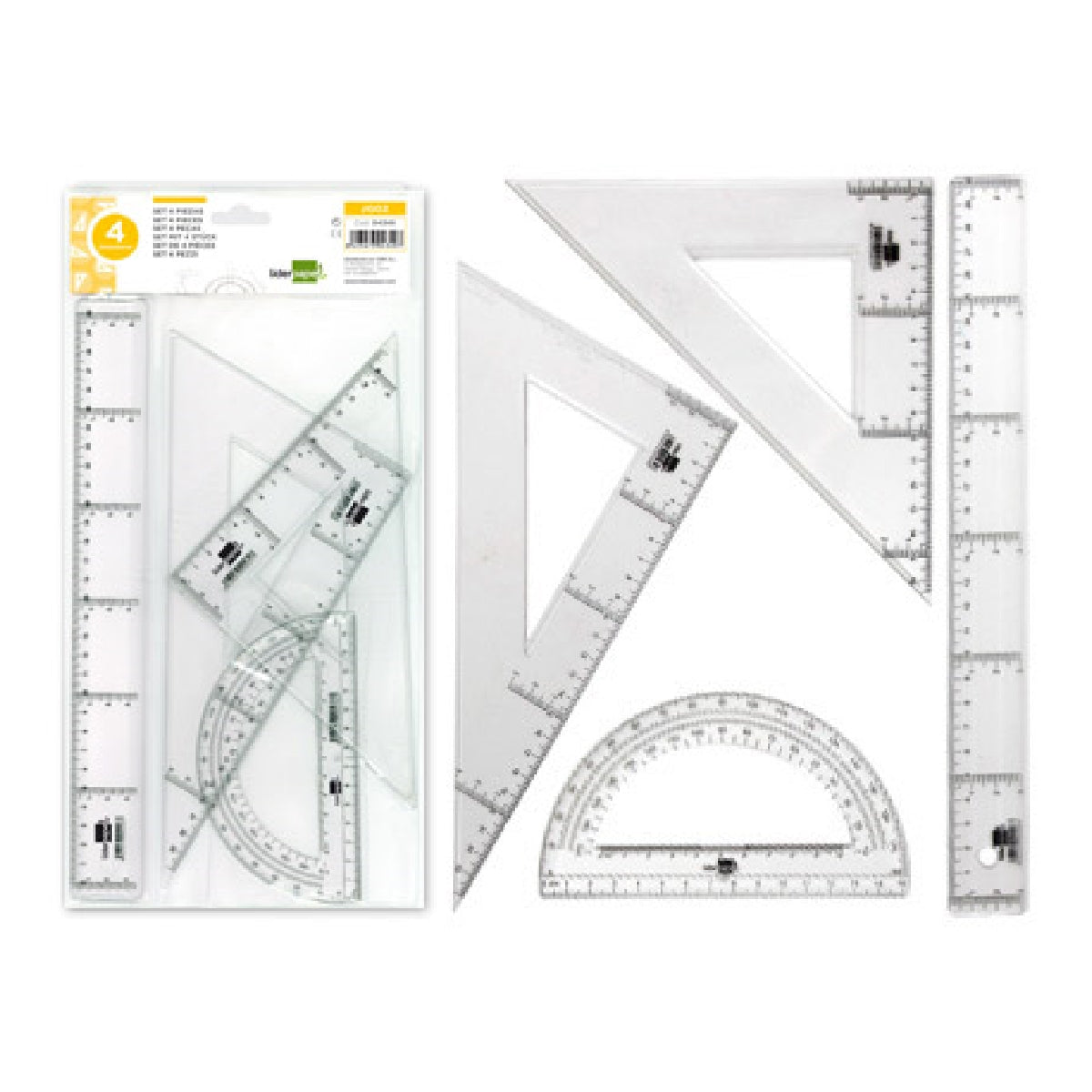 LIDERPAPEL - Juego Escuadra y Cartabon 25cm Regla 30cm y Semicirculo 15cm Liderpapel en Petaca Incolora