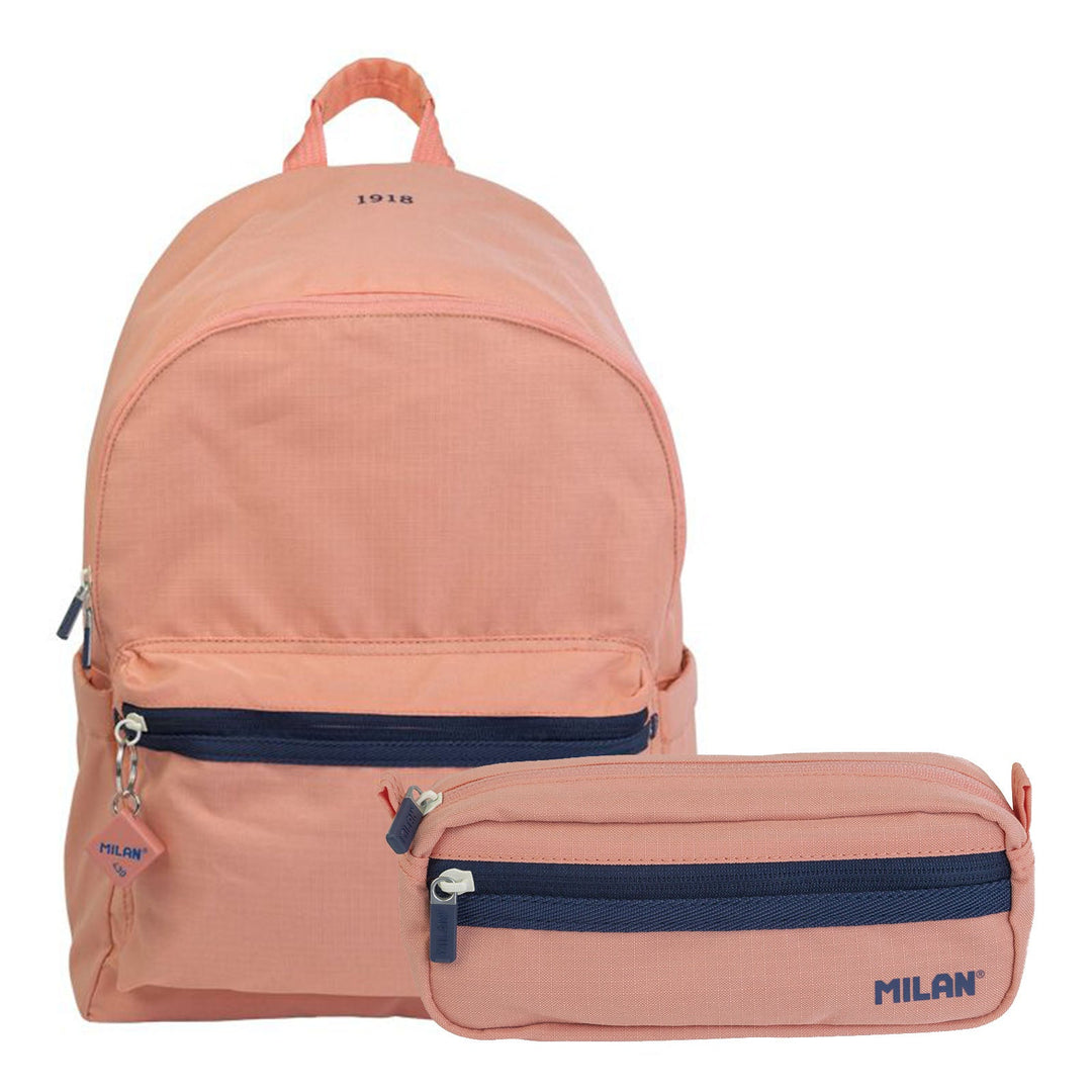 MILAN 1918 -  Pack Escolar con Mochila Urbana Clásica y Estuche 2 Cremalleras. Rosa