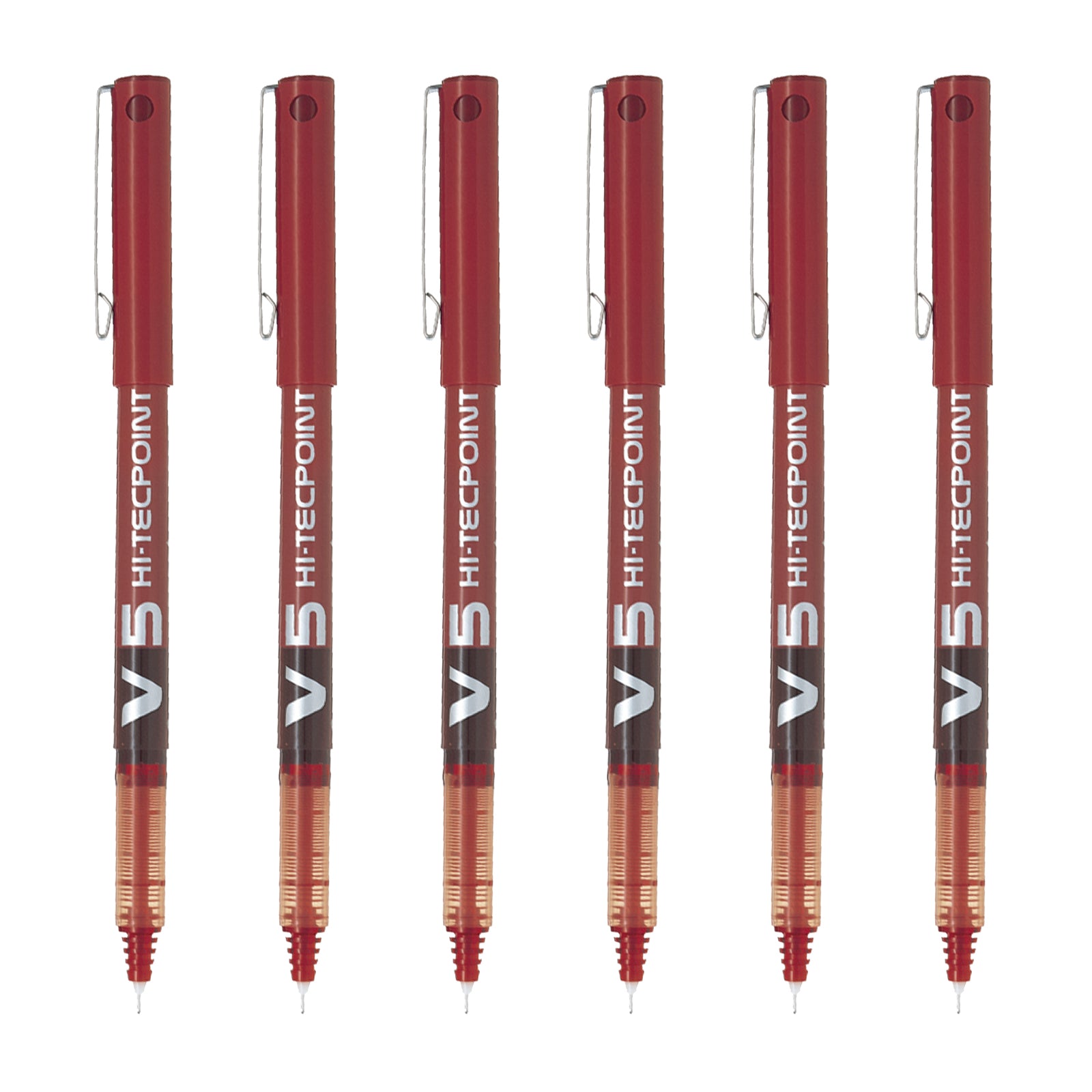 PILOT - Set de 6 Bolígrafos Roller V5 HI-TECPOINT Punta Extra Fina 0.5 mm. Rojo
