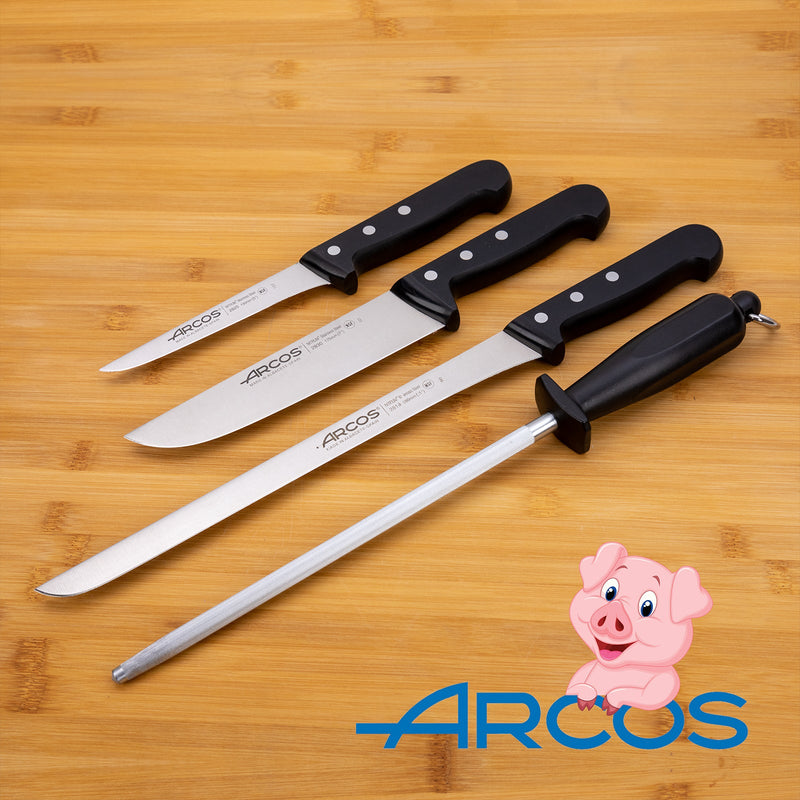 ARCOS Premium - Kit Profesional de Cuchillo Jamonero de 28 cm, Deshuesadores y Chaira