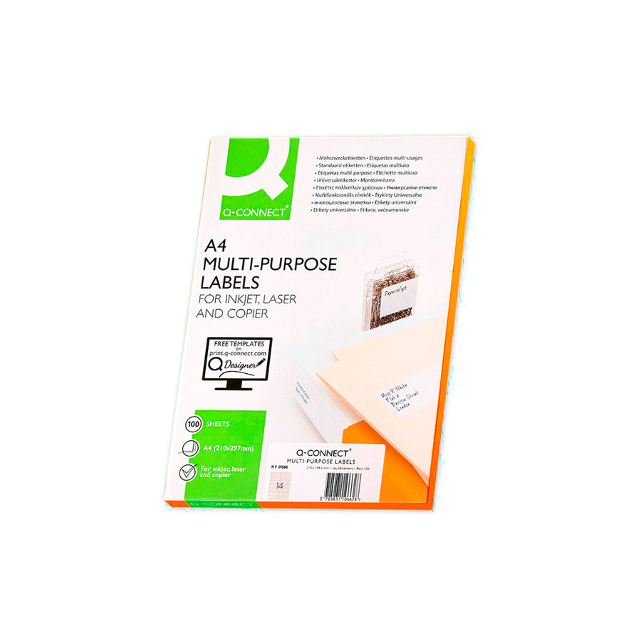 Q-CONNECT KF01585 - Caja 100 Hojas DIN A4 de 14 Etiquetas Adhesivas 99.1x38.1 mm Copia Laser InkJet Blancas