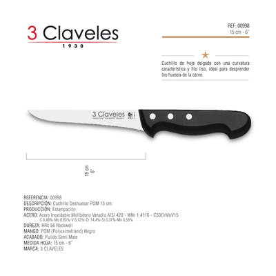 3 Claveles POM - Cuchillo Deshuesador Profesional 15 cm Acero Inoxidable