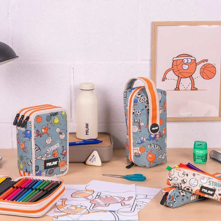 MILAN - Kit de 4 Estuches con Contenido de 31 Piezas de Material Escolar. Especial Sports