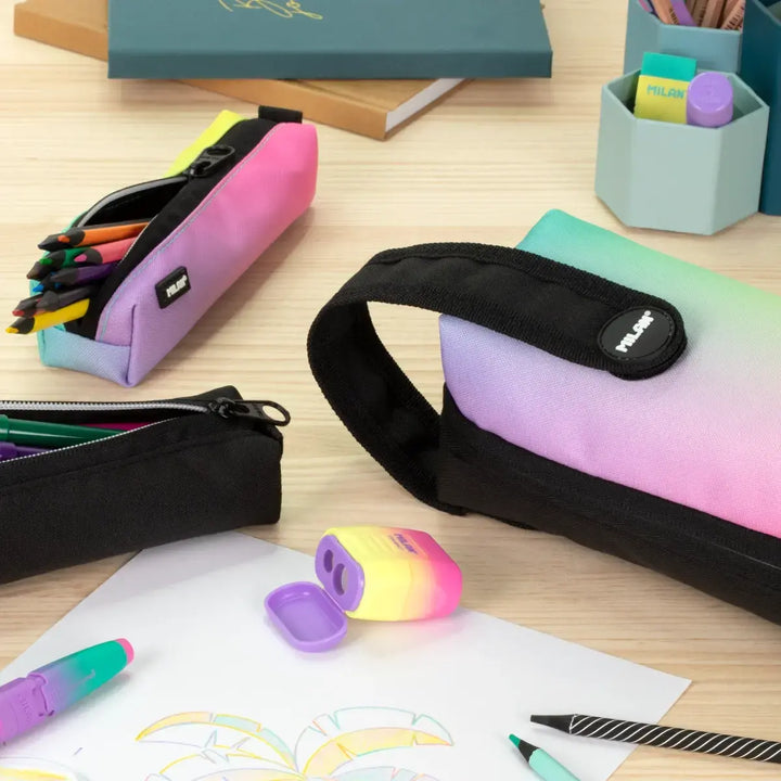 MILAN - Kit de 4 Estuches con Contenido de 31 Piezas de Material Escolar. Sunset Negro