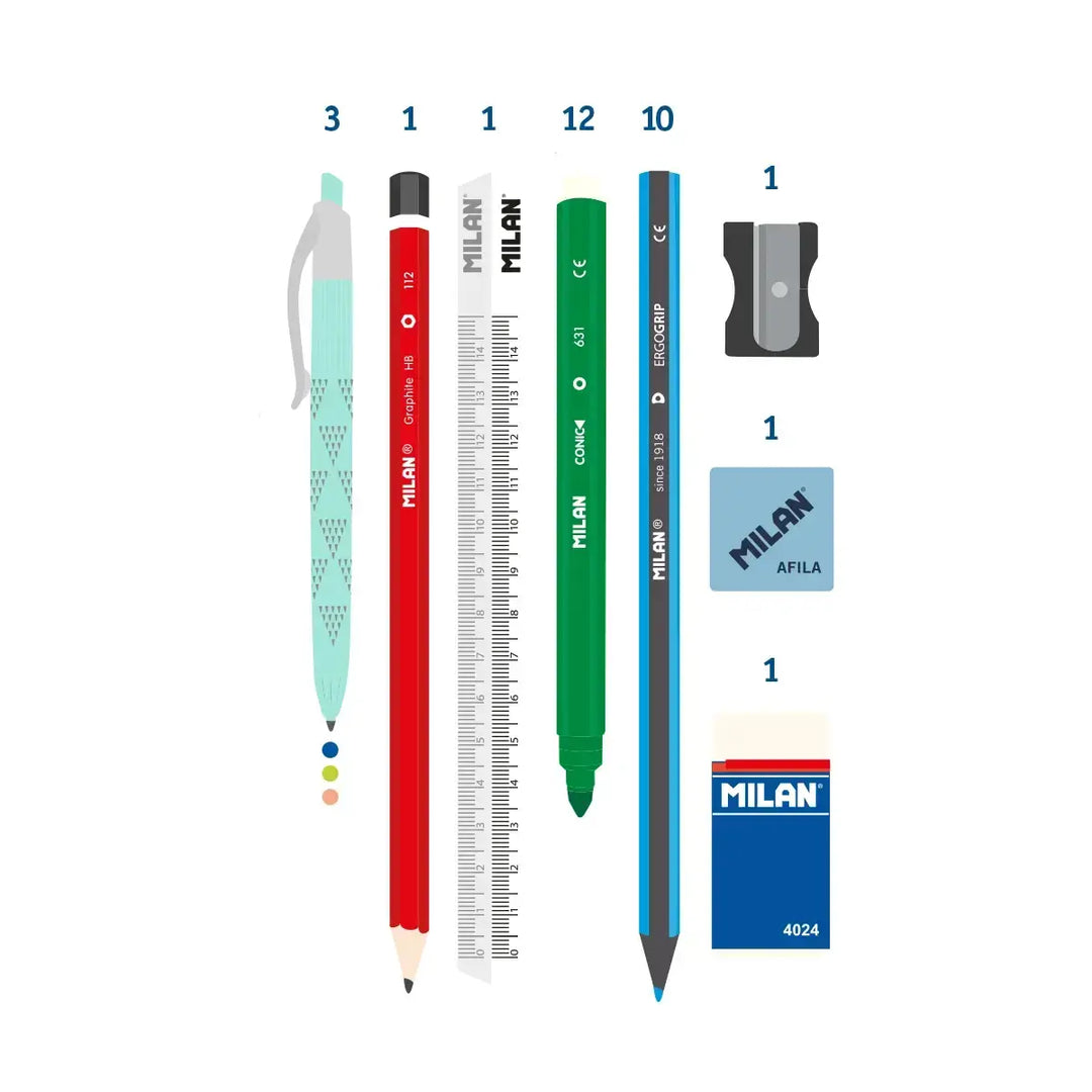 MILAN - Kit de 4 Estuches con Contenido de 31 Piezas de Material Escolar. Especial Sea