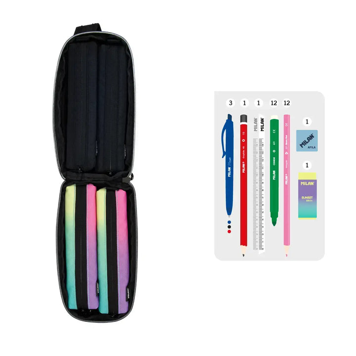 MILAN - Kit de 4 Estuches con Contenido de 31 Piezas de Material Escolar. Sunset Negro