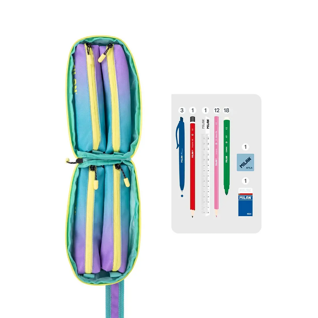 MILAN - Kit de 4 Estuches con Contenido de 31 Piezas de Material Escolar. Sunset Verde