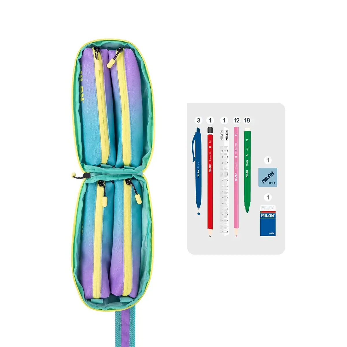 MILAN - Kit de 4 Estuches con Contenido de 31 Piezas de Material Escolar. Sunset Verde