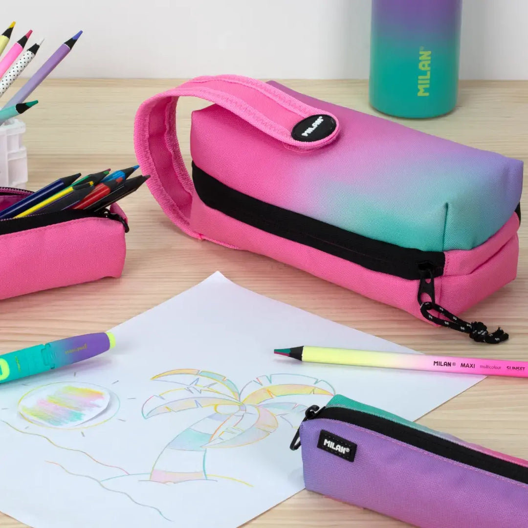 MILAN - Kit de 4 Estuches con Contenido de 31 Piezas de Material Escolar. Sunset Rosa