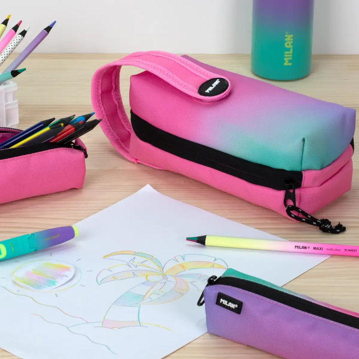 MILAN - Kit de 4 Estuches con Contenido de 31 Piezas de Material Escolar. Sunset Rosa