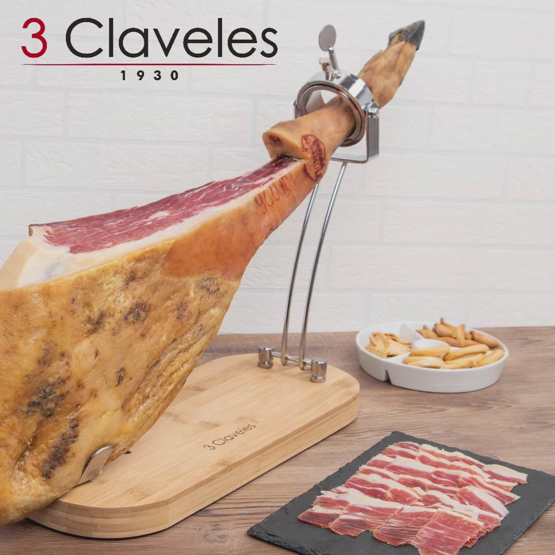 3 Claveles - Kit Soporte Jamonero Plegable en Bambú y Cuchillos Jamoneros con Chaira