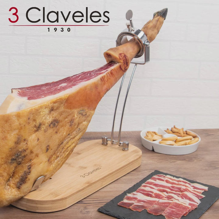 3 Claveles - Soporte Jamonero Plegable en Bambú y Metal con Cabezal Giratorio