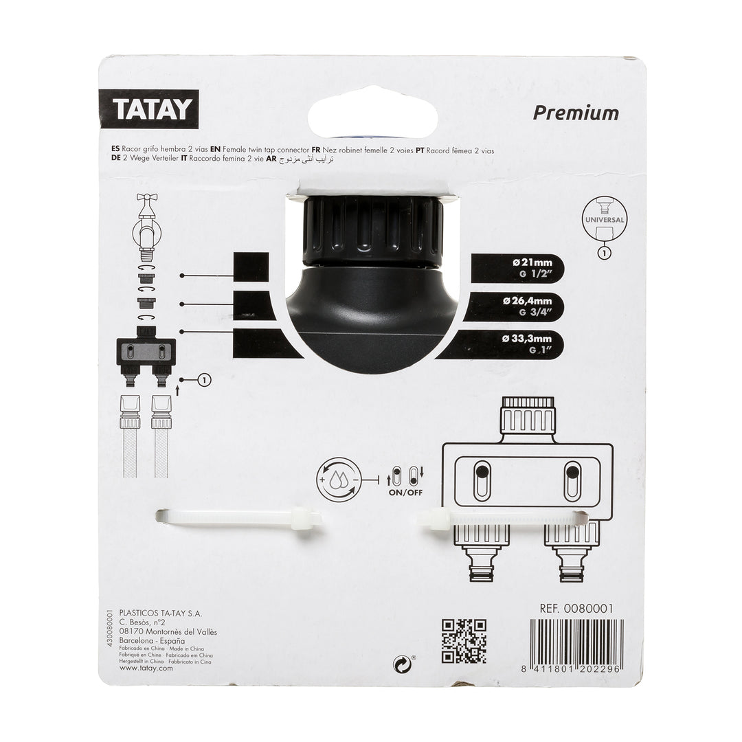 TATAY Premium - Conector de 2 Vías para Grifo de 1" 3/4" y 1/2" Hembra. Racor Anti UV