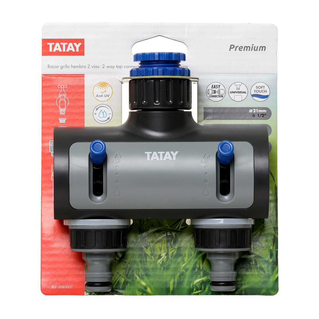 TATAY Premium - Conector de 2 Vías para Grifo de 1" 3/4" y 1/2" Hembra. Racor Anti UV