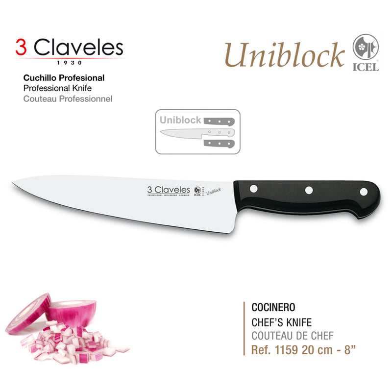 3 Claveles Uniblock - Cuchillo Cocinero Profesional 20 cm Acero Inoxidable