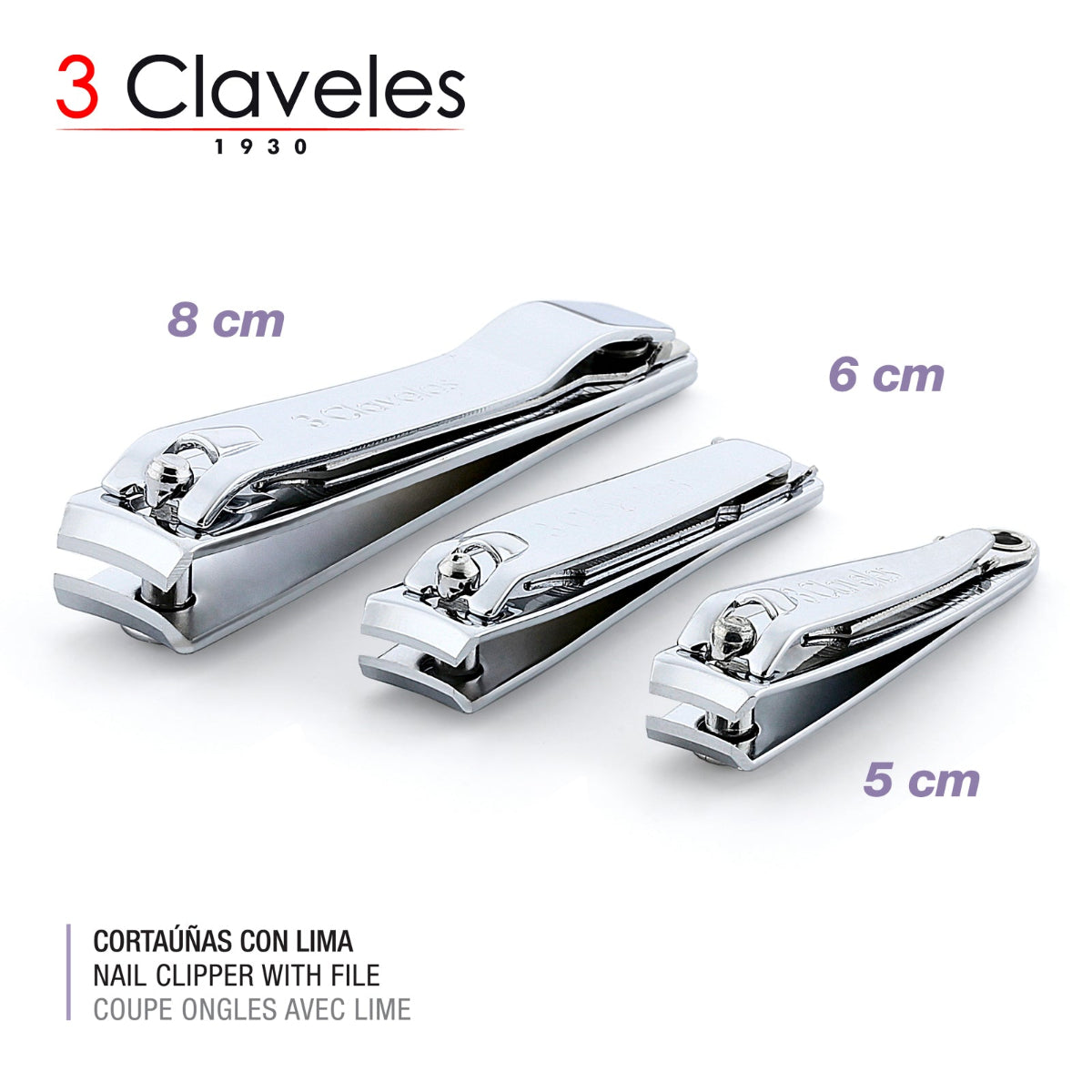 3 Claveles - Pack de 3 Cortaúñas con Lima para Manos  de 5 cm en Acero al Carbono