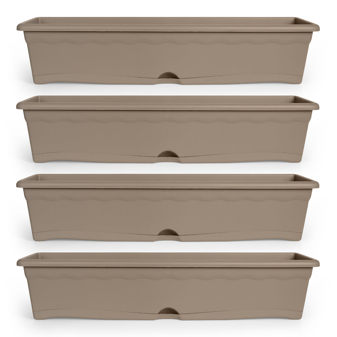 Plastiken TERRA - Set de 4 Jardineras con Plato Integrado. Medida 80 cm 16L. Taupe