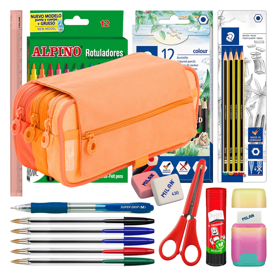 ColePack Blush 2022 - Estuche Triple de 3 Cremalleras y Material Escolar Incluido. Naranja