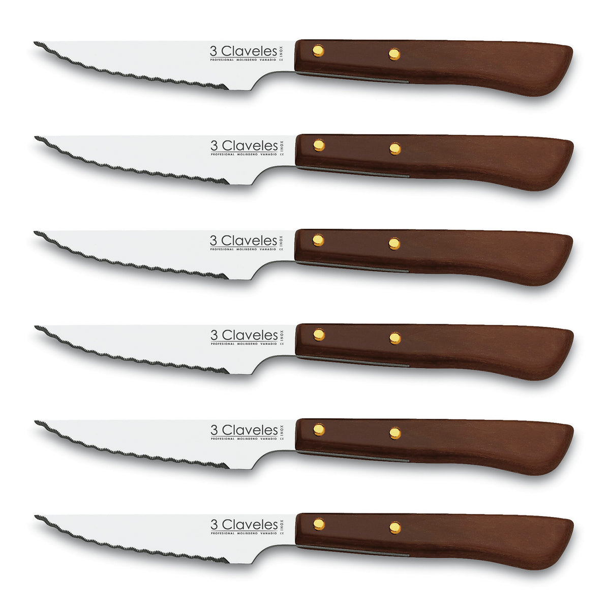 3 Claveles - Set de 6 Cuchillos Chuleteros 10.5 cm Acero Inoxidable Mango IMC