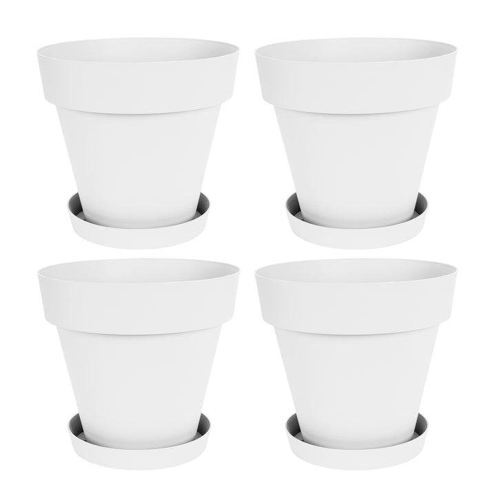 Plastiken TES - Set de 4 Macetas Redondas con Platos Incluidos. Medida 18 cm 2.5L. Blanco