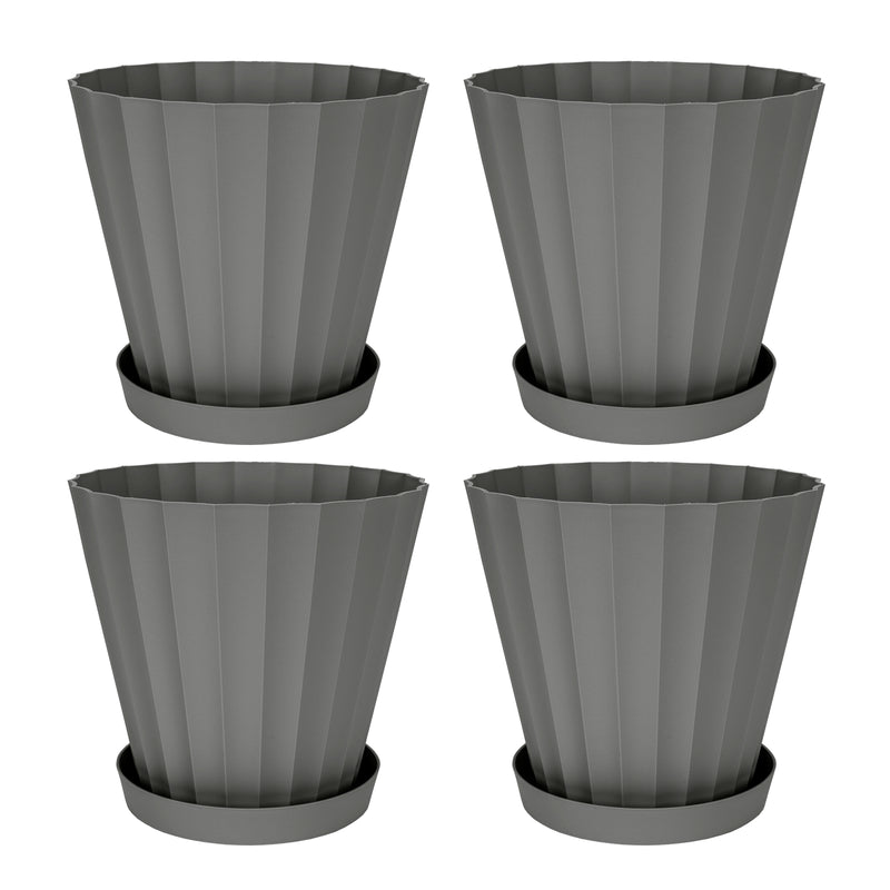 Plastiken DORIC - Lote de 4 Macetas Redondas con Platos Incluidos. Medida 18 cm 2.5L. Antacita