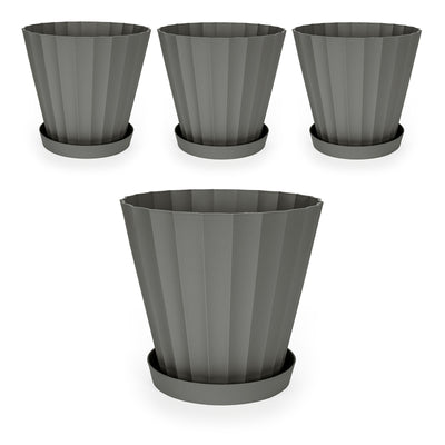 Plastiken DORIC - Lote de 4 Macetas Redondas con Platos Incluidos. Medida 22 cm 5L. Antracita