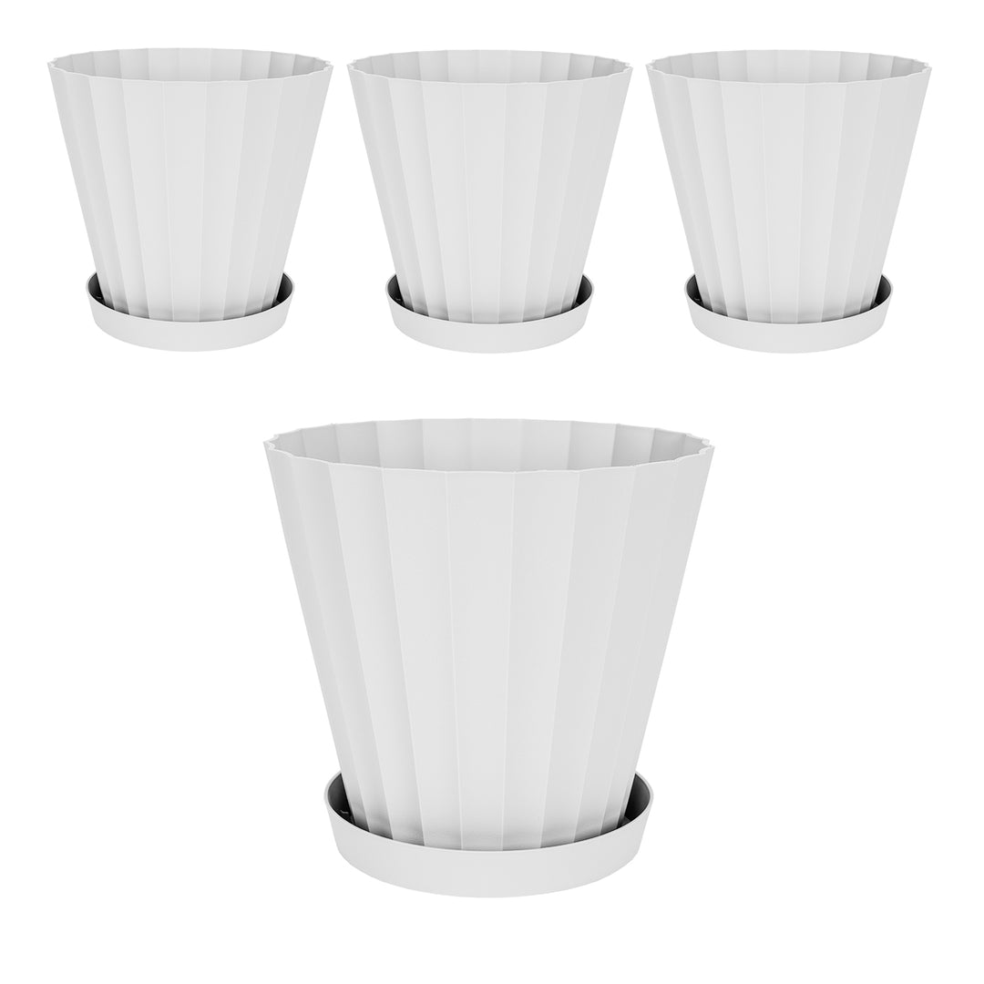 Plastiken DORIC - Set de 4 Macetas Redondas con Platos Incluidos. Medida 22 cm 5L. Blanco