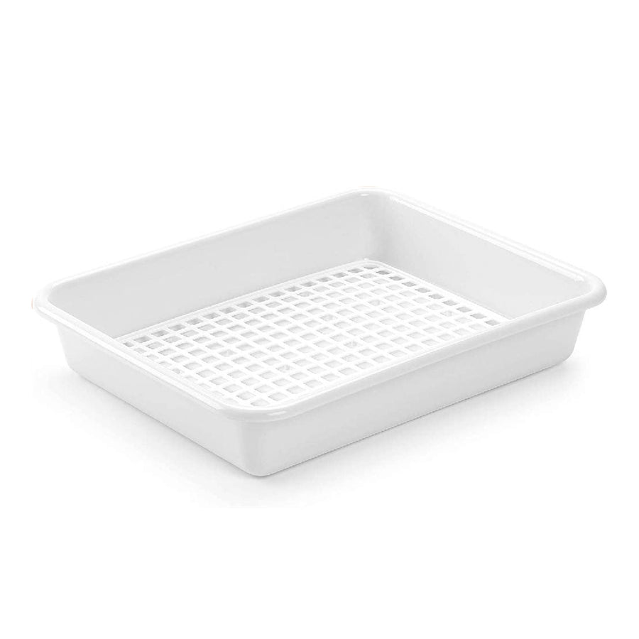 (F) Plastic Forte - Bandeja Rectangular para Descongelar Alimentos con Rejilla. Blanco