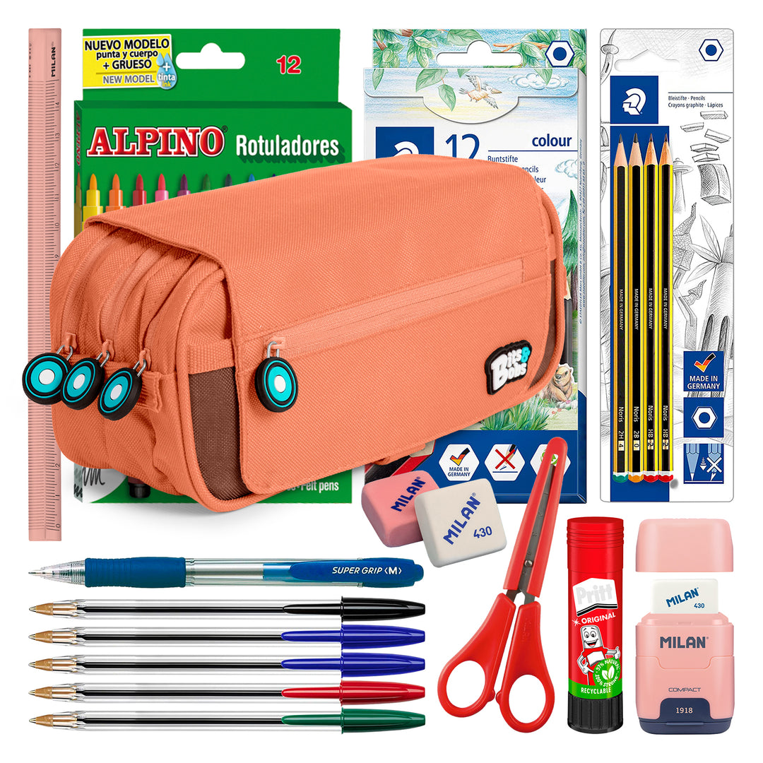 ColePack BitsBobs - Estuche Triple de 3 Cremalleras con Material Escolar Incluido. Coral