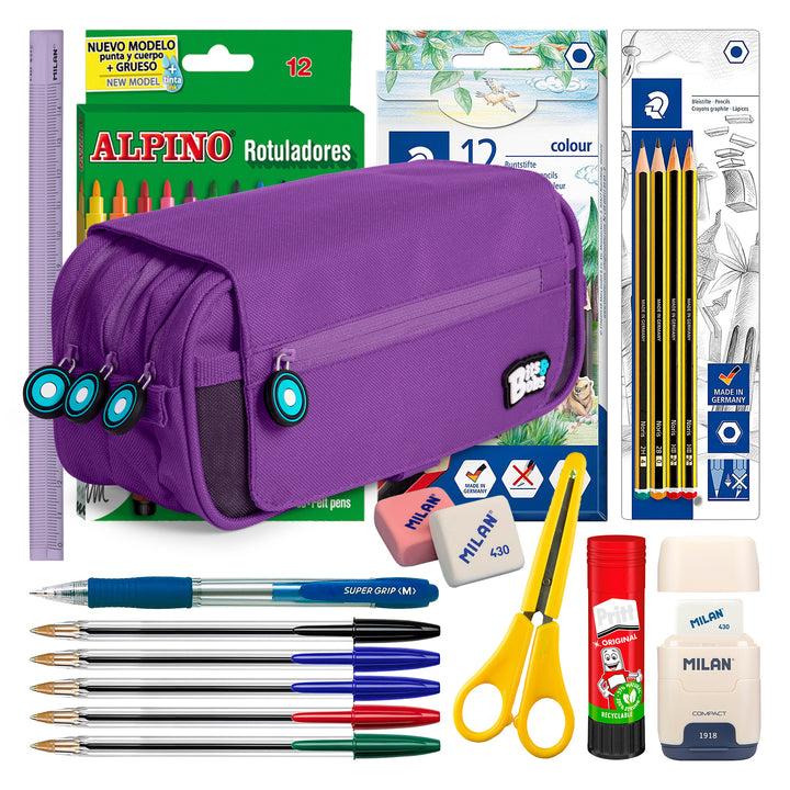 ColePack BitsBobs - Estuche Triple de 3 Cremalleras con Material Escolar Incluido. Violeta