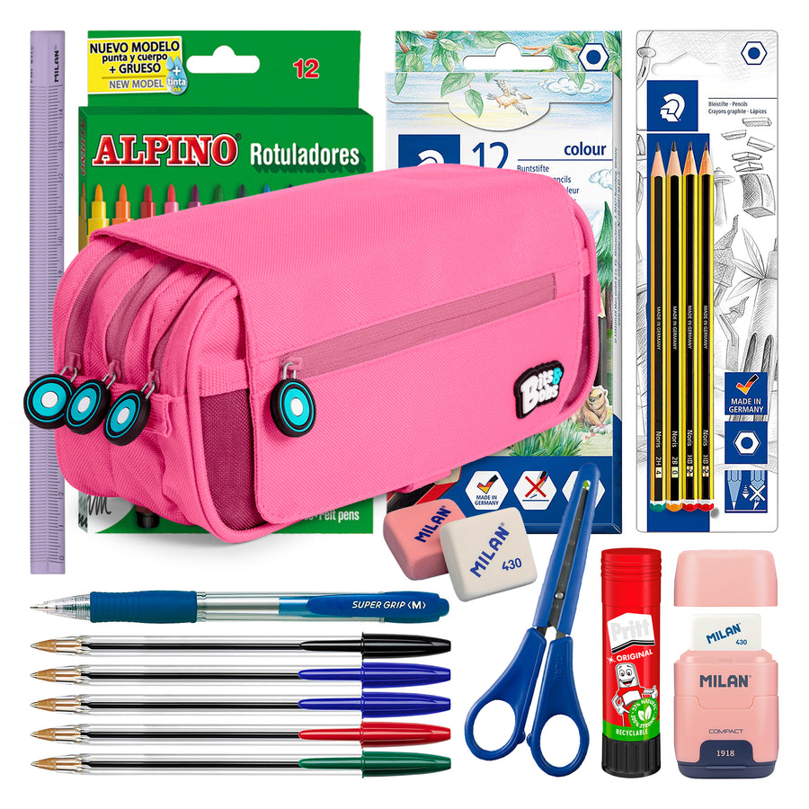 ColePack BitsBobs - Estuche Triple de 3 Cremalleras con Material Escolar Incluido. Rosa