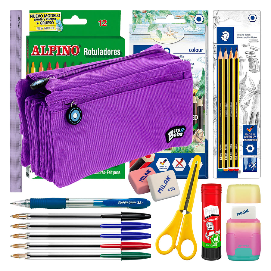 ColePack 2022 - Estuche Escolar Cuádruple de 4 Cremalleras y Material Incluido. Morado