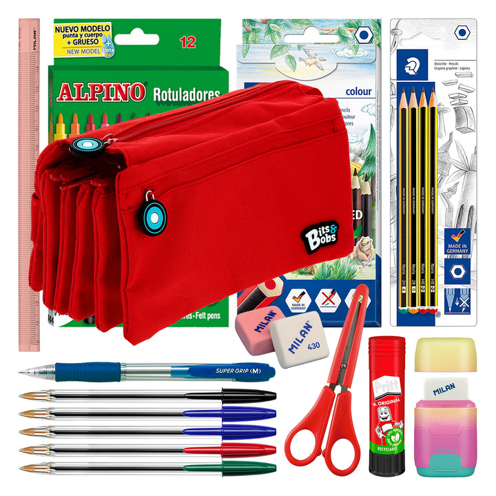 ColePack 2022 - Estuche Escolar Cuadruple de 4 Cremalleras y Material Incluido. Rojo