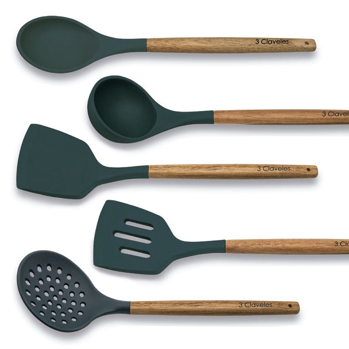 3 Claveles - Pack de 5 Utensilios de Cocina en Silicona con Mango de Madera de Haya