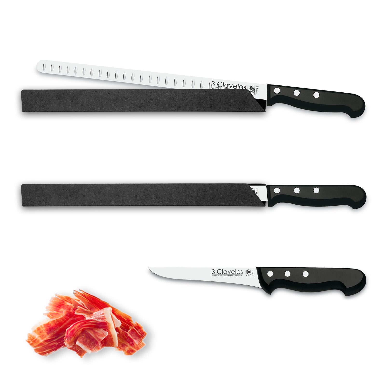 3 Claveles - Kit Cuchillo Jamonero Alveolado, Deshuesador Negro y Funda Protectora