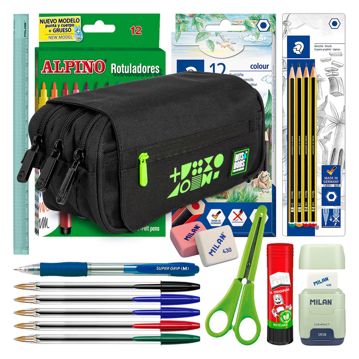 ColePack Fluor - Estuche Triple de 3 Cremalleras con Material Escolar Incluido. Verde