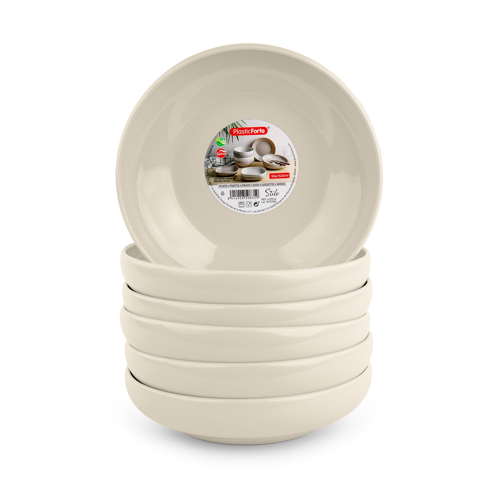 Plastic Forte - Juego de 6 Platos Stilo Redondos 16 cm Reutilizables. Ideal Fiestas. Beige