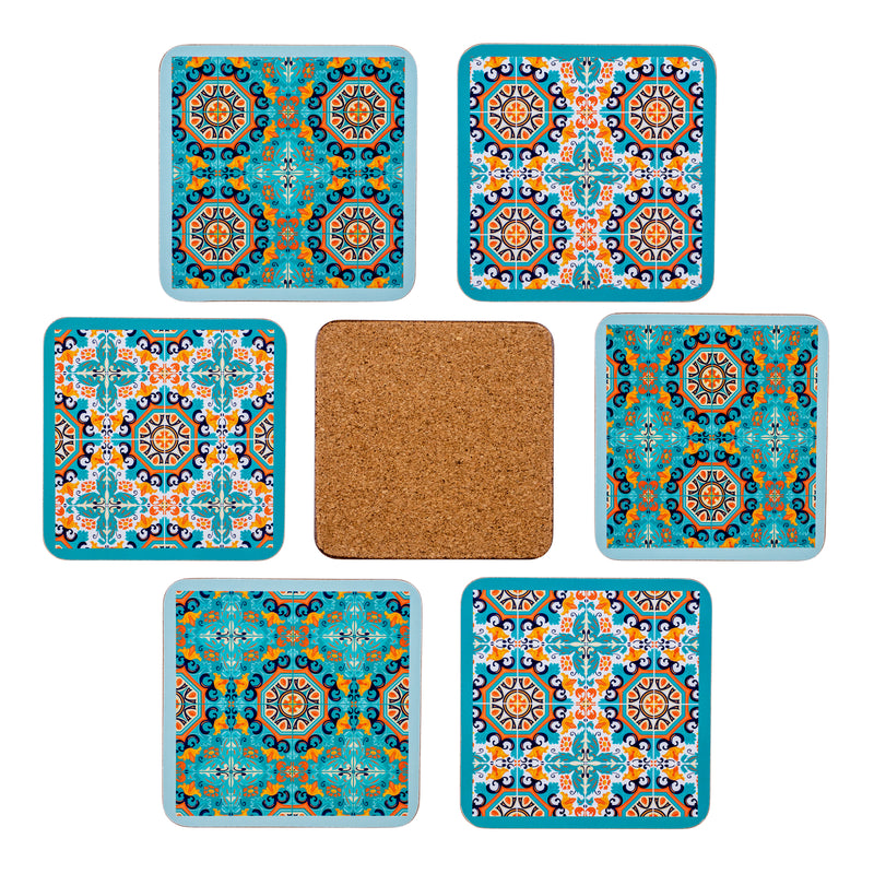 JAVIER Azulejos - Set de 6 Posavasos Cuadrados en Madera y Corcho. Verde