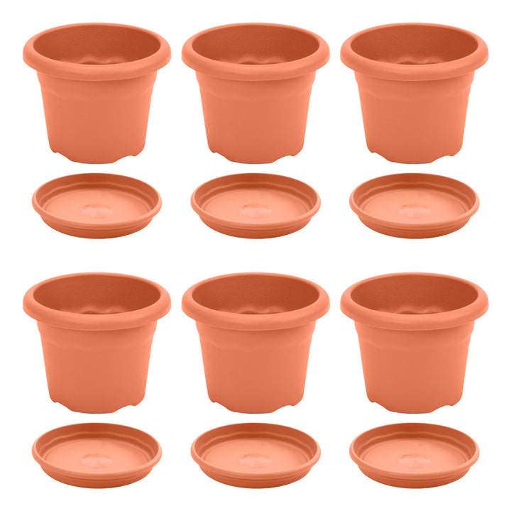 Plastiken TERRA - Lote de 6 Macetas Redondas con Platos Incluidos. Medida 12 cm 0.5L. Terracota