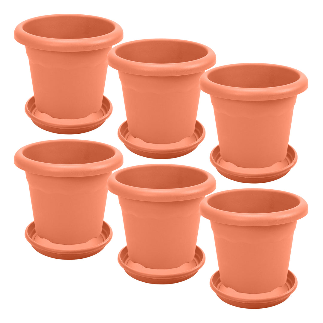 Plastiken TERRA - Lote de 6 Macetas Redondas con Platos Incluidos. Medida 16 cm 1.5L. Terracota