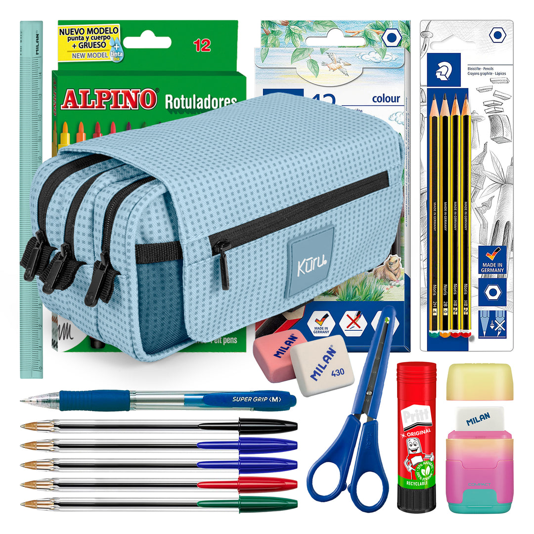 ColePack Kūru 2022 - Estuche Triple de 3 Cremalleras con Material Escolar Incluido. Azul