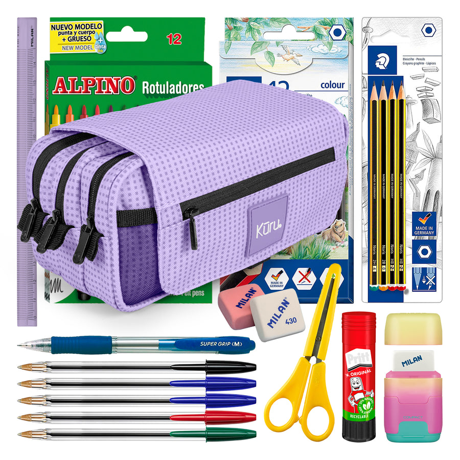 ColePack Kūru 2022 - Estuche Triple de 3 Cremalleras con Material Escolar Incluido. Lavanda