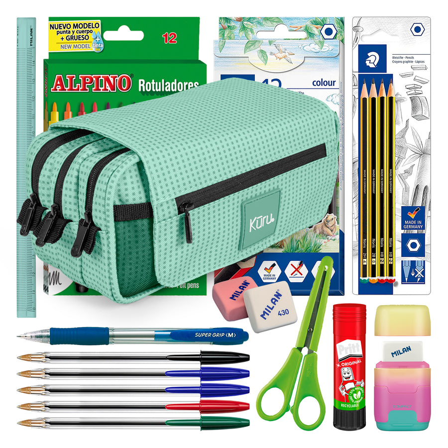 ColePack Kūru 2022 - Estuche Triple de 3 Cremalleras con Material Escolar Incluido. Menta