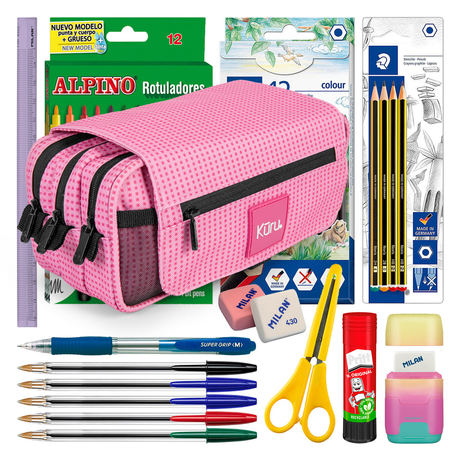 ColePack Kūru 2022 - Estuche Triple de 3 Cremalleras con Material Escolar Incluido. Rosa