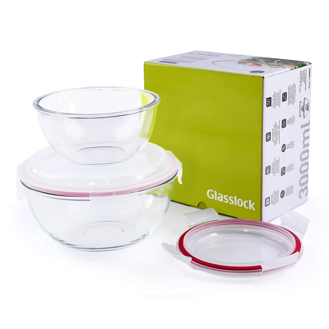 Glasslock Bowl - Set de 2 Ensaladeras Redondas con Tapa de 1L y 2L en Vidrio Templado