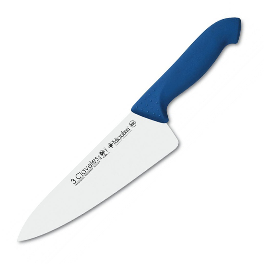 3 Claveles Proflex - Cuchillo Profesional Cocinero Ancho 20 cm Microban. Azul